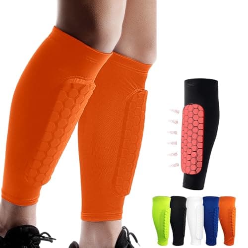 Image of Shindefender Shin Guards Pads, Honeycomb Compression Sleeve Football Shin Guards for Boys, Teenagers and Adults, Soccer Defender Pads with Superior Impact Absorption, Lightweight (Orange, M)