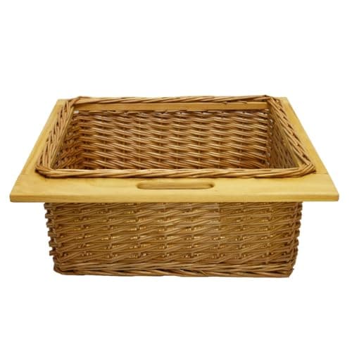 Image of Pull out Wicker Basket Drawer 600mm Kitchen Storage Solution Larder Base Unit Cupboard with Handle Rustic Pine Wood Farmhouse Style 100% Handmade Rattan Brown