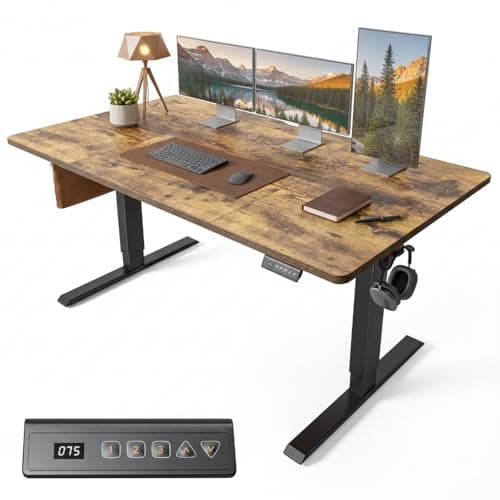 Image of FEZIBO Electric Height Adjustable Standing Desk with digital display control panel, 80x160cm Ergonomic Home Office Table for Sit-Stand with 4 PiecesSplice Board & Rustic Brown Wood Grain Surface