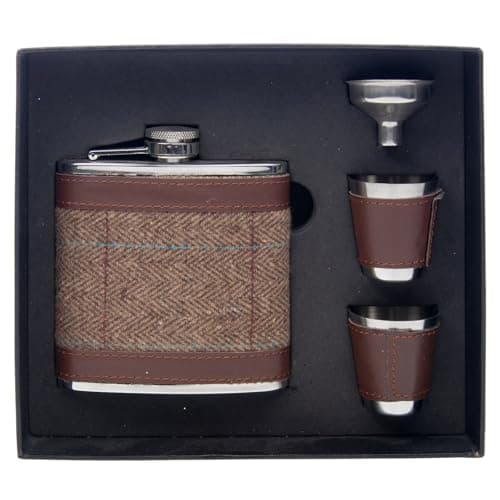 Image of Shudehill Giftware Tweed Hip Flask Gift Set – 6oz Flask with 2 Shot Cups & Funnel – Rustic Gift for Him (Hip Flask 2 Cups Set Tweed)