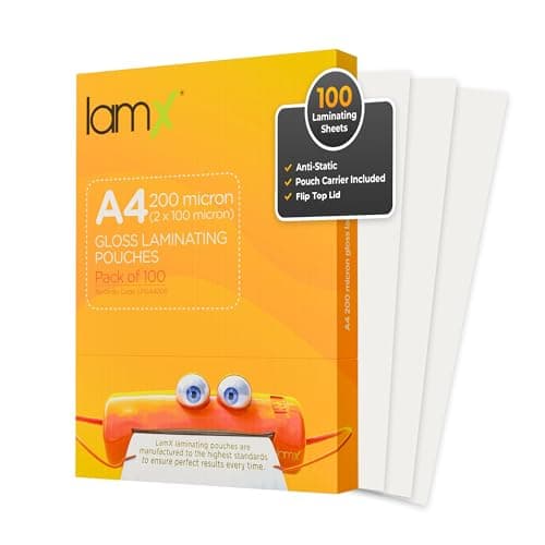Image of LAMX A4 Laminating Pouches 200micron, High Gloss Finish, Anti-Static Formula Laminator Sleeves 200 Micron (100+100 Micron) Pack of 100 Laminating Sheets, Free Pouch Carrier Included