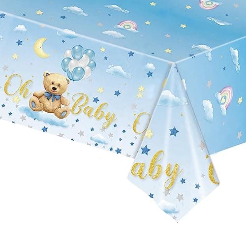 Image of POPOYU Baby Blue Bear Shower Party Table Cloth,New Born Decor Disposable Tablecloth 54 x 108 Inches Rectangle Plastic Waterproof Cover for Boy Gender Reveal Supplies