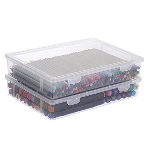 Image of BTSKY 2 PCS Medium Size Clear Stackable Rectangular Storage Box with Flap Lid - Home/Office Plastic Desk Organizer Storage Organzier Makeup Stograge Containers Storage Cases