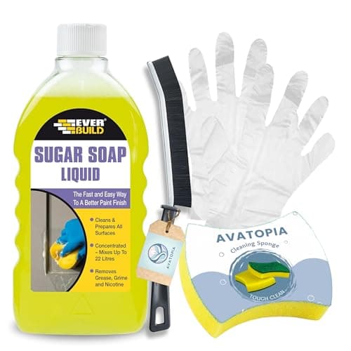 Image of EverBuild Sugar Soap Liquid (500ml), Sponge, Crevice Brush & Plastic Gloves | Wall Cleaner for Painted Walls, Sugar Soap for Cleaning, Bathroom Cleaner, Removes Grease, Grime & Nicotine Stains (1)