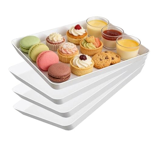 Image of Luckwaii Plastic Serving Tray 4 Pcs White Serving Platters for Party Food, Reusable Dishware Plate Catering Trays for Kitchen Charcuterie Dishes Snacks Fruit Cookies Sandwich Tea Dinner, 31 x 22 cm