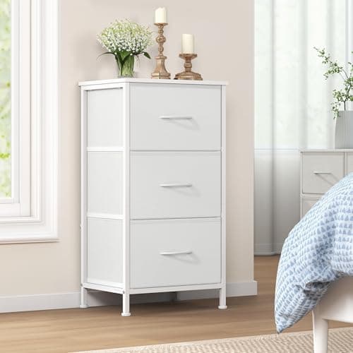 Image of SONGMICS Chest of Drawers, 3 Fabric Drawers Storage Unit, Steel, MDF, Non-Woven Fabric, for Bedroom, Closet, Hallway, Living Room, Cloud White and Snow White LGS313WH01