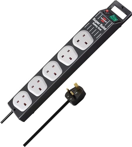 Image of Brennenstuhl 1153343625 Super-Solid-Line 5-Way (Extension Lead with Safety Fuse Button, 2,5m Cable, sockets in 90° Arrangement) FB, 240 V, Black/Light Grey
