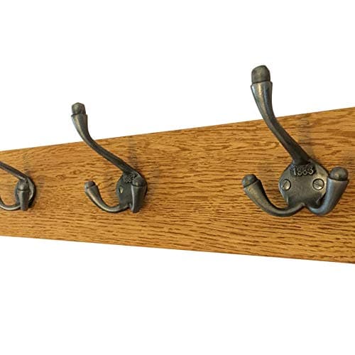 Image of Element Wooden Designs Antique Coat Rack Industrial Triple 1883 Cast Iron Hooks Solid Oak Wood Vintage Wall Mounted (60cm 4 Hooks)