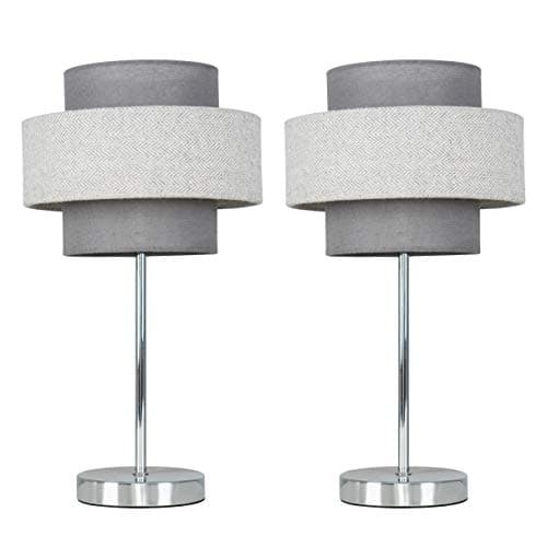 Image of MiniSun | Modern Polished Chrome Touch Table Lamps with a Grey Herringbone Shade | Table Lamps, Home Décor & Improvement Essential | Set of 2 | Includes 5W LED Bulbs [3000K Warm White]