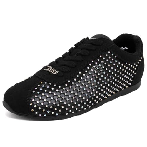 Image of Juicy Couture Women’s Lace Up Sneakers, Lightweight Mesh Fashion Athletic Shoes for Walking, Everyday Casual Comfort Trainers Flirt Black Size 8.5