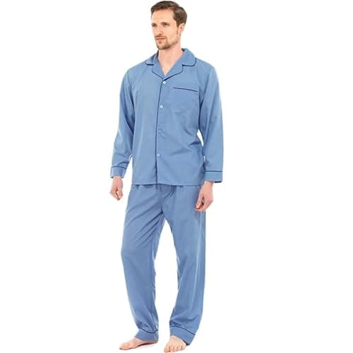 Image of Mens Pyjama Set –Soft Cotton Traditional 2 Piece Pjs Classic Button Down Nightwear Long Sleeve Top & Elastic Waist Bottoms | Sleepwear & Loungewear with Chest Pocket- Blue XL