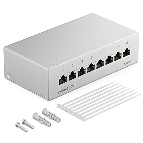 Image of deleyCON CAT 6 Patch Panel Distribution Panel 8 Port 1 HE Desktop & Wall Mounting Shielded 8x RJ45 Socket LAN Network Installation Cable TIA568A TIA568B RAL 7035 Light Grey