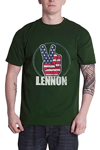 Image of John Lennon T Shirt Peace Fingers US Flag Logo Official Unisex Green S