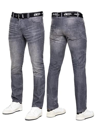 Image of 989Zé ENZO Mens Jeans Classic Straight Leg Casual Cotton Regular Fit Denim Pants Free Belt EZ384 Grey 34W / 30L