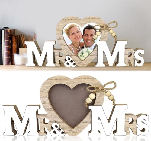 Image of Mr & Mrs Picture Frame Wedding Anniversary Ornament Personalised Heart Photo Frame for for Bride and Groom Wood Wedding Picture Holder Photo Stand Newlywed Craft Family Ornament Couple Gifts
