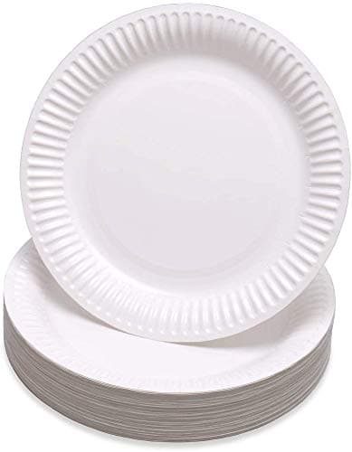 Image of PRISTINE ENTERPRISE Paper Plates Pack of 100 Large 23cm 9 Inch, 100% Natural and Recyclable Ideal for Birthday, BBQs, Picnics, Parties Suitable for Hot & Cold Food Sturdy White Paper Plates.