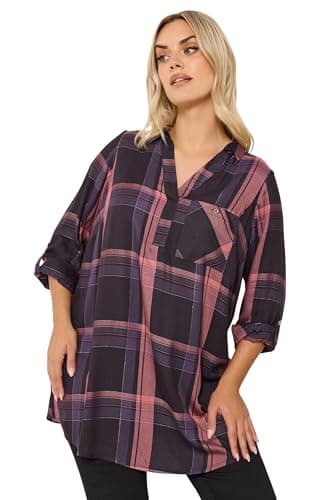 Image of Yours Curve Navy Blue & Pink Check Overhead Shirt - Women's - Plus Size Curve