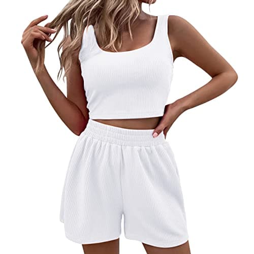 Image of Generisch ​Summer Two-Piece Women's Crop Top Short Shorts Set with Elastic Waistband, Breathable, Comfortable Sports Suit, Loungewear for Gym, Leisure, Yoga, Home, Beach, Elastic Waist, Size, C-white