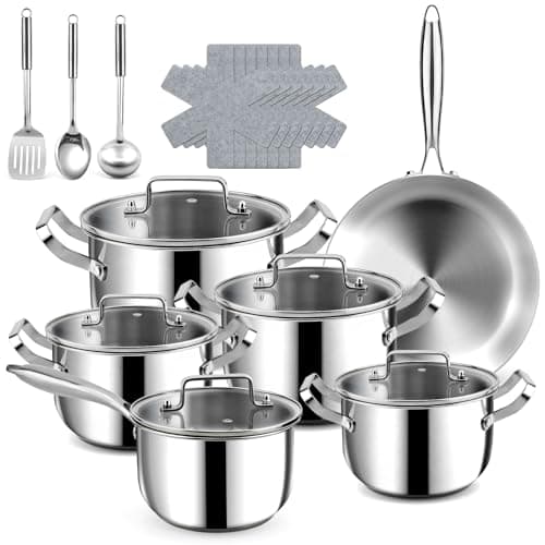 Image of Fruikit 21P Stainless Steel Pots and Pans Set - 3 Ply 30 cm Frying pan, 18 cm Saucepans & 18/20/22/26 cm Casserole, Oven Safe, for All Hob Types