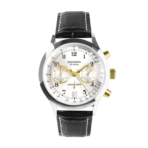 Image of Sekonda Heritage Archer Men's 40mm Quartz Watch in Silver with Chronograph Display, and Black Leather Strap 30235