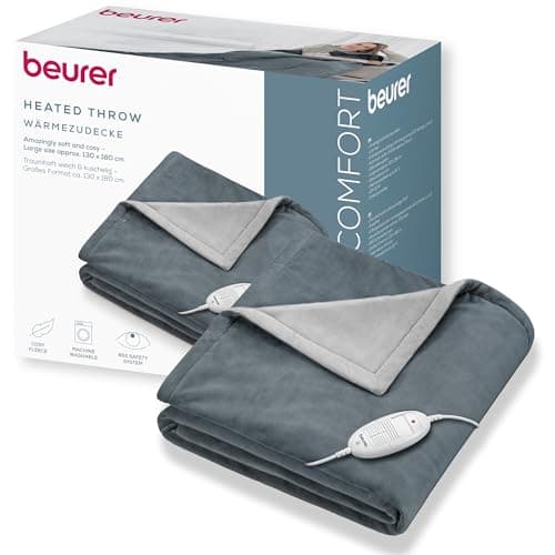 Image of Beurer HD75 Electric Blanket with 6 Temperature Settings, Soft Heated Throw for Cosy Sofa Nights, Automatic Switch-Off & Safety System, Machine-Washable, Grey, 180 x 130 cm, 100 watts
