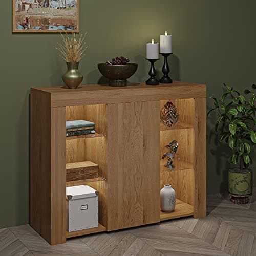 Image of Panana 4 Glass Shelves Cabinet Bookcase Buffet Sideboard Server Table Accent Sideboard Cupboard With White Color LED Lights (Oak)