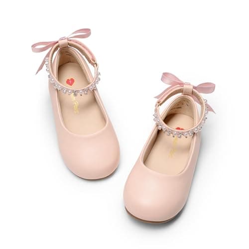 Image of DREAM PAIRS Toddler Little Girls Dress Shoes Flower Girl Mary Jane Ballet Flat Shoes with Pearl Ankle Strap & Satin Bow for Wedding/Party,Size 6 Little Kid,Pink,SKFA26002K