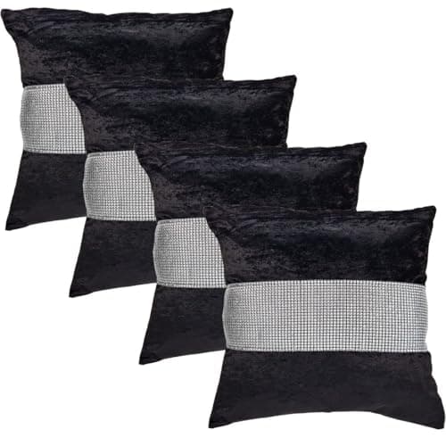 Image of John Aird Set Of 4 Crushed Velvet Decorative Cushion Covers Diamante 18" x 18" (set of 4) (Black)