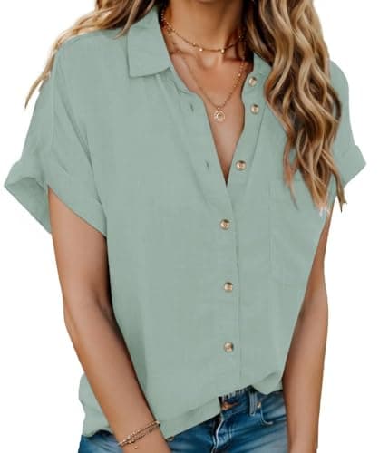 Image of HOTOUCH Blouses for Women UK Short Sleeve Shirts V Neck Button Down Shirt Ladies Office Business Blouse Cotton Tops Loose Tunic Light Green L