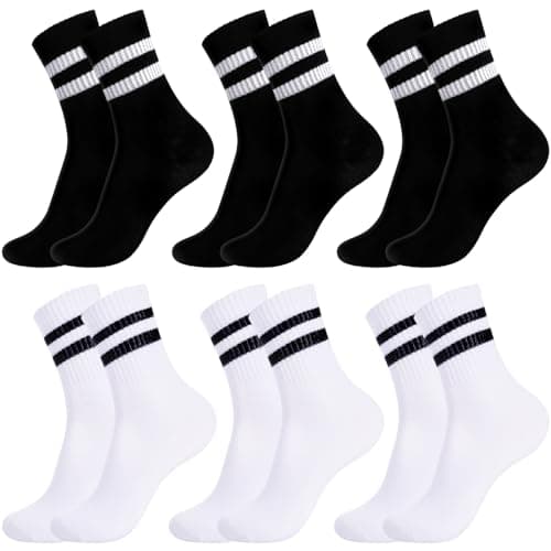 Image of Zuimei 6 Pairs Kids Sports Crew Socks Junior Cotton School Sports Socks Boys Striped Athletic Sock for Boys Girls Kids,9-12Years(Black+White)