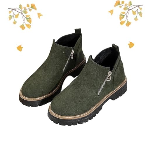 Image of Women's Round-Toe Ankle Boots with Side Zipper, Suede Chunky Heel Boots for Women Chelsea Booties Winter Fall Orthopedic Casual Ankle Booties for Women (Green,6)