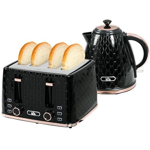 Image of HOMCOM Kettle and Toaster Set, 1.7L 3000W Fast Boil Jug Kettle with Auto Shut Off, 4 Slice Toaster with 7 Level Browning Controls & Crumb Tray, UK Otter Thermostat, Black