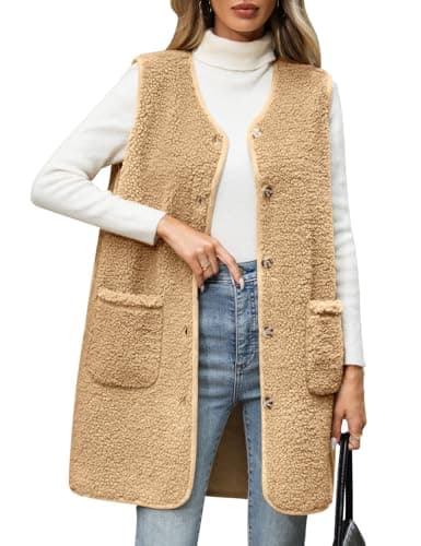 Image of Tuopuda Teddy Fleece Gilet for Women Long Button Vest Sherpa Fluffy Sleeveless Jackets with Pockets Ladies Lightweight Outerwear Vests for Spring Fall Winter(Khaki,L)