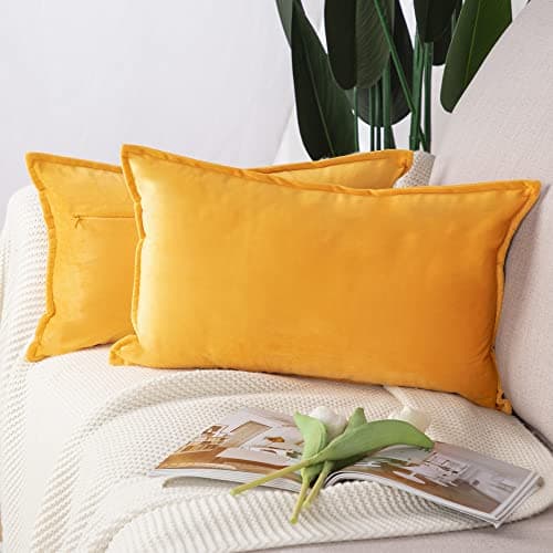 Image of Madizz Pack of 2 Super Soft Velvet Decorative Cushion Covers with Fringe Luxury Style Cushion Case Pillow Shell for Sofa Bedroom Yellow 12x20 inch, 30x50 cm Rectangular