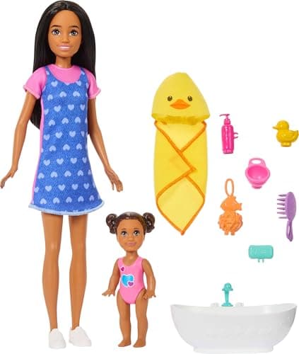 Image of Barbie Skipper Babysitters Inc. Playset with Brunette Doll, Brunette Toddler Doll, Bathtub & 6 Accessories Including a Rubber Duckie, JJB43
