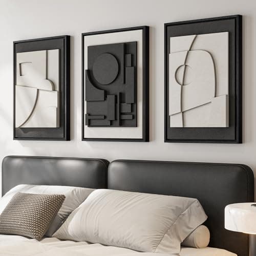 Image of 3D Textured Framed Black and White Abstract Wall Art for Bedroom, 3 Piece Modern Paintings Artwork for Walls, Minimalist Black White Geometric Pictures for Living Room, Dining Room Wall Decor 16x24 In