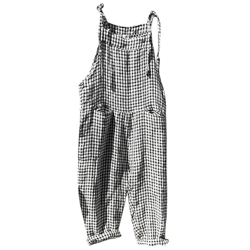 Image of Jumpsuit Women Trouser Suit Dress Women's Striped Linen Jumpsuits Summer Casual Loose Fit Adjustable Strap Sleeveless Jumpsuits Harem Pants with Wide Leg, black, L