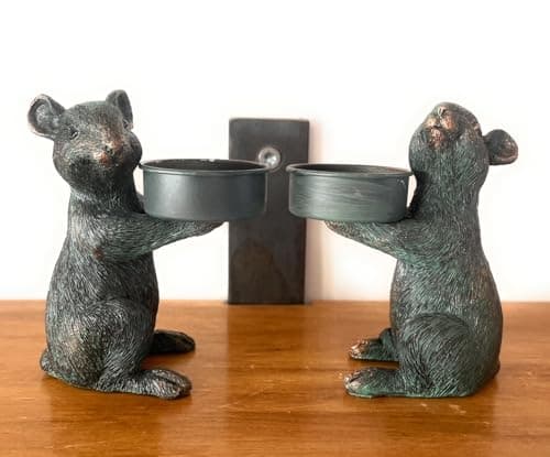 Image of Decorative Mouse Tealight Candle Holders, Bronze-Effect Resin, Set of 2, Antique-Style Home Decor Ornaments