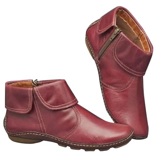 Image of UK 6.5 Ankle Boots for Women UK Wide Fit PU Leather,Ladies Lightweight Casual Comfort Ankle Booties Slip on/Lace up Short Booties Tan Boots Footwear Gift #03_Red