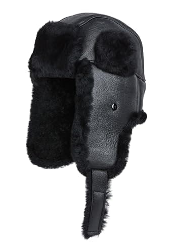 Image of Unisex B3 Russian Ushanka RAF Aviator Shearling Sheepskin Leather Trapper Flying Hat Black