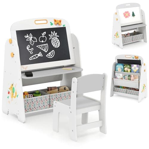 Image of COSTWAY Kids Art Easel and Chair Set, Wooden Toddler Activity Table with Magnetic Whiteboard, Blackboard, Bookshelf, Fabric Bins, Double-Sided Easels for 3+ Years Old (White+Grey)