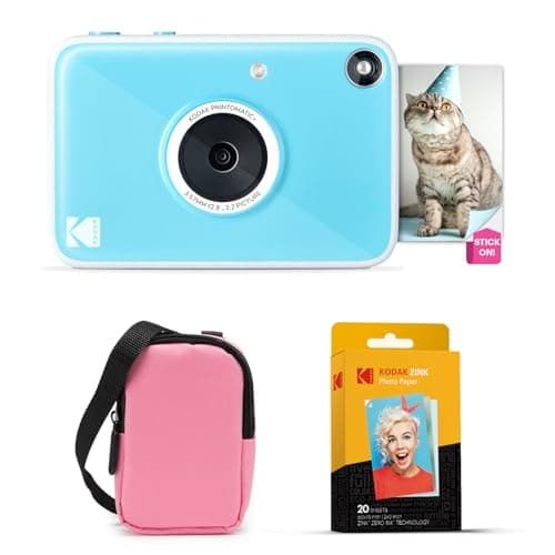 Image of KODAK Printomatic+ Instant Print Digital Camera Starter Bundle + Carrying Case (Pink) + Zink 20pk Sticky-Back Photo Paper - 10MP, Full-Color Photos, GB LED Status Indicator - Blue