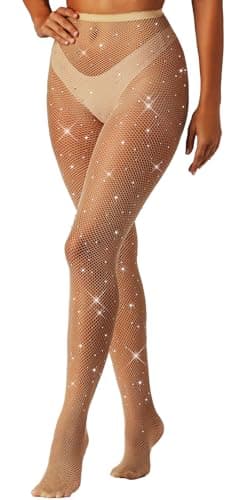 Image of MESU Women Sparkly Rhinestone Fishnets Stockings High Waist Pantyhose Tights Nude