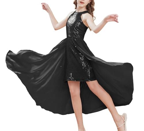 Image of GRACE KARIN Girl Chiffon Overlay Decorated Halterneck A-Line Dress Shiny Sequin Midi Dress Christmas Fancy Dress Black 8-10 Years