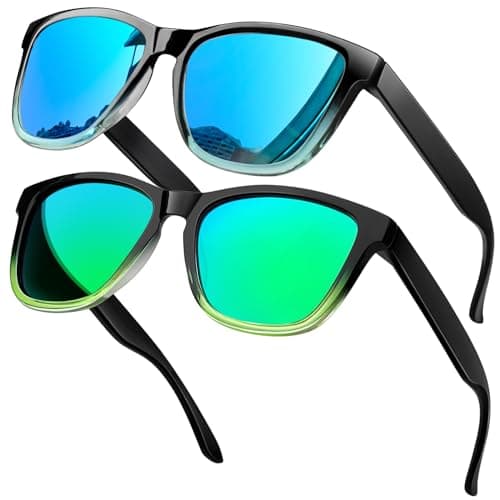 Image of KANASTAL 2 Packs Green Sunglasses Mens Polarised Blue Mirrored Retro Womens Square Retro Polarized Cool Ladies UV400 Protection - Blue Lens + Green Lens