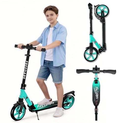 Image of FREEDARE Kick Scooter for Kids 8-12, 200mm Big Wheels Foldable Scooter for Teens and Adults, 4 Adjustable Height, Front Suspension, 2 Wheels Scooter Green