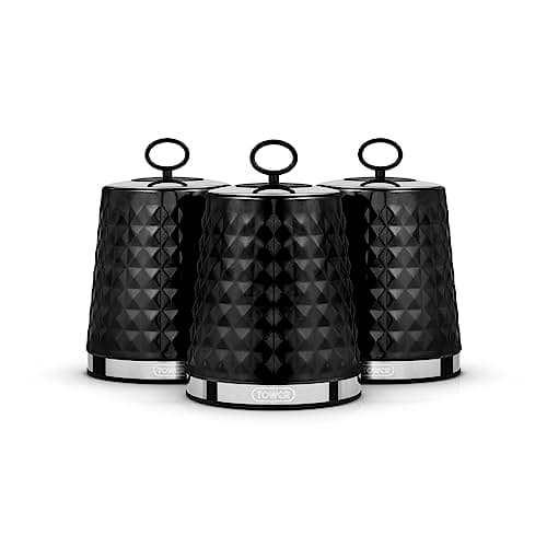 Image of Tower T826207BLK Solitaire Set of 3 Canisters, Mirror Finished Steel Lid with Round Loop, Airtight, Black
