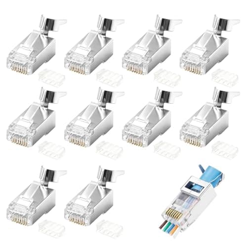 Image of Fofuo 10 Pack RJ45 Pass Through Connector Cat7 CAT6 CAT6A RJ45 Gold Plated Connector 8P8C Shielded Ethernet Cable Connectors LAN Network Plug with Load Bar for Solid or Twisted UTP Cables