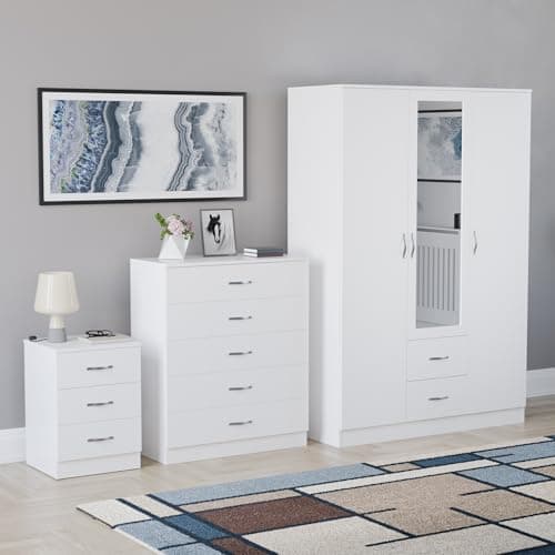 Image of Vida Designs Riano 3 Piece Bedroom Set - 3 Drawer Bedside Chest, 5 Drawer Chest, 3 Door 2 Drawer Mirrored Wardrobe - White