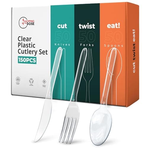 Image of Pack of 150 Heavy Duty Reusable Clear Plastic Cutlery Set (50 Spoons,50 Forks,50 Knives) Durable & Sturdy Party Cutlery Set Perfect for Weddings, Parties, Camping, BBQs & All Occasions